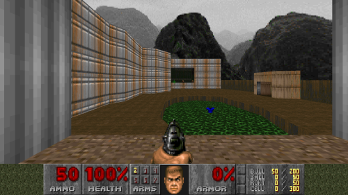 E1M1: Overlooking the Blue Armor from the small courtyard. This outdoor area is accessible via a secret entrance