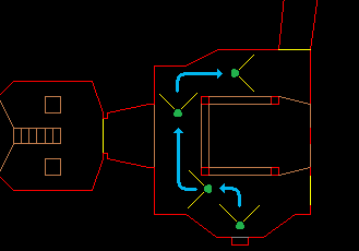 Horseshoe pattern in the beginning of E1M1: Hangar. The player is forced to explore 75% of the room