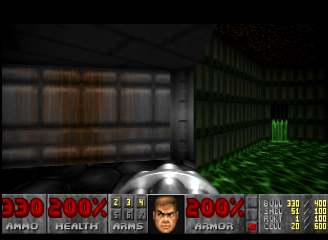 E1M2 (Nuclear Plant): A metal textured beam separates 2 walls with different wall textures. Without a transition texture the wall transition doesn’t look smooth. John Romero is pretty consistent with this motif throughout his levels